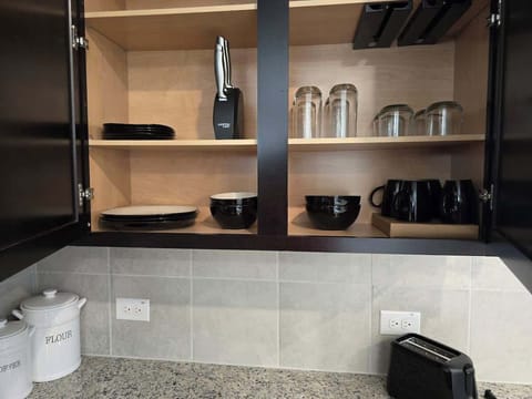 Full Kitchen Dishes Cooking Utensils Wine glasses Cleaning Supplies Paper Towels