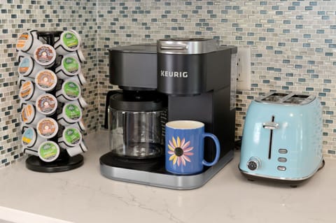 Complimentary coffee provided during your stay! Coffee maker compatible for both pods and regular drip coffee