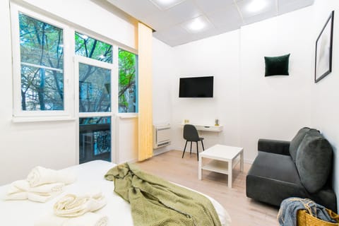 The sleeping area is bathed in natural light, offering a serene environment for a good night’s sleep. The soft bed, coupled with fresh linens and towels, ensures ultimate comfort after a day of exploring Sofia. A TV in the corner adds to the entertainment options.