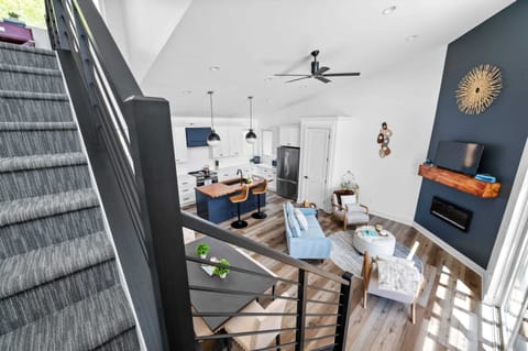 Bright living area with stairs