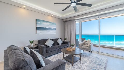Twin sofas define the comfortable living room with incredible views.