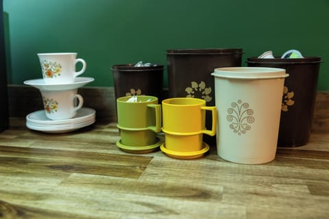 Coffee, tea, hot chocolate, cream and sugar are provided.  Just wake up and brew a cup.