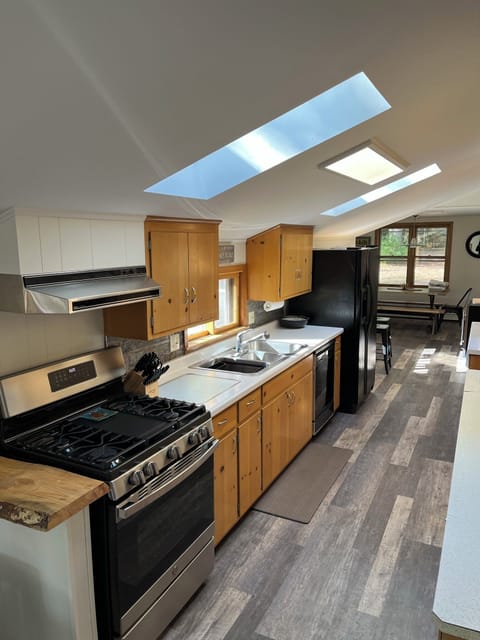 Modern galley kitchen with skylights