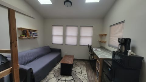 Couch, coffee table and counter top workspace