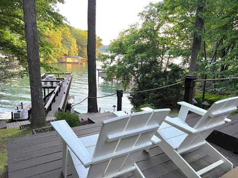Adirondack chairs overlooking the lake 