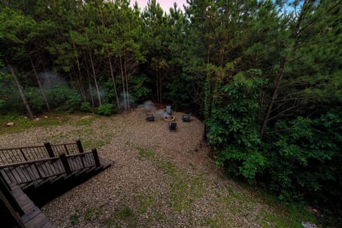 Step downstairs to the fire pit area