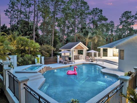 Golden hour in Naples, Florida: an oversized pool and peaceful spa set against breathtaking palm landscaping.
Warm light, lush greenery, and total calm — inviting you to slow down, sink in, and simply enjoy the moment.