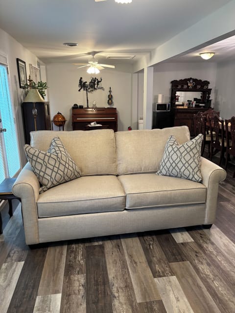 Sofa in livingroom, it also opens into a queen size bed, sleeps 2.