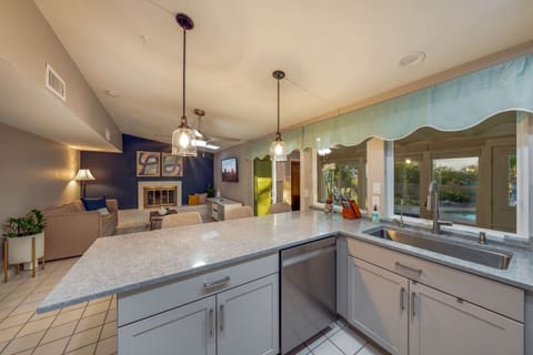 Stylish, cozy living room and updated kitchen