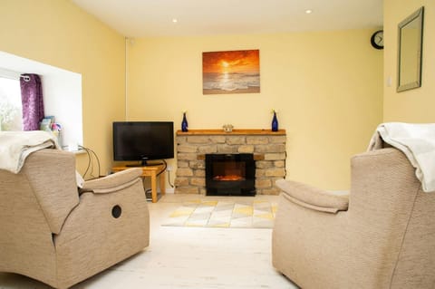 Living room with Smart TV on table. Fireplace and mantle