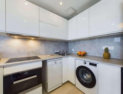 A compact corner of the kitchen housing a washing machine beneath the countertop, integrated with the design.