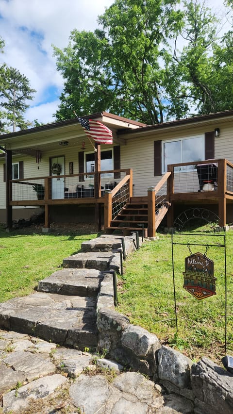 Solar lights align the rock staircase & steps if you arrive at night for safety