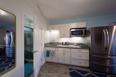 Kitchen with 2 element cooktop, microwave, large refrigerator with water filter.