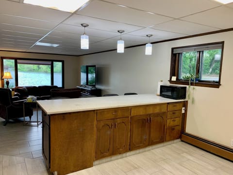 Bar with seating and food prep space