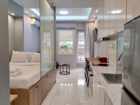 Living area, bedroom and kitchen