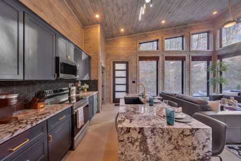 Open-concept kitchen and living area with vaulted ceilings