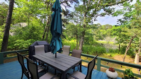 Pond view deck with gas grill and dining table