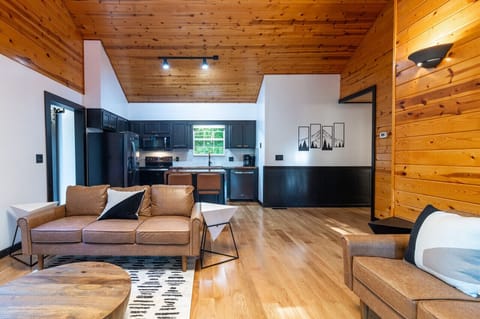 Modern cabin interior with open-concept kitchen, cozy seating, and rustic charm!