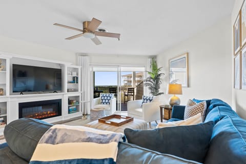 Spacious Living Room With Ocean Views and Fireplace