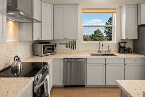 Modern fully equipped kitchen with stainless steel appliances