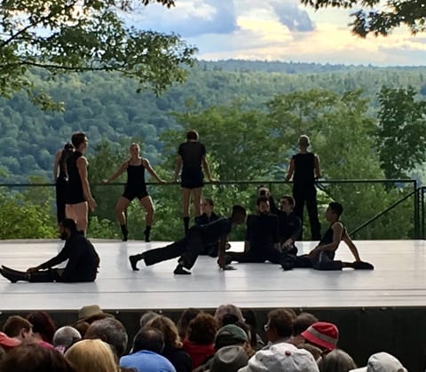 Jacob's Pillow students warming up for their outdoor performance. Talent!
