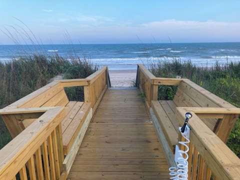 Bench seating on our private boardwalk. Bonus, foot cleaning station. 