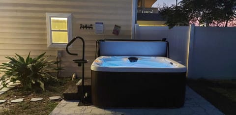 Private salt water hot tub is kept cool in the summer and hot in the winter!