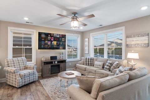 Stylish and comfortable family room with sectional seating. 