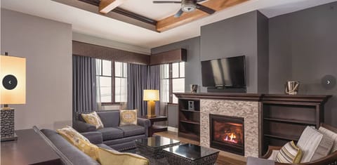 Living room with TV and fireplace