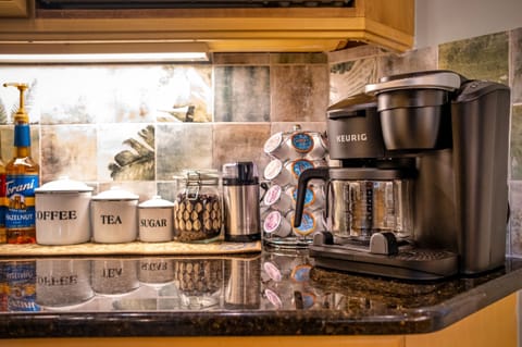 Coffee bar, Drip pot, k-cups, whole bean w/ grinder, french press, syrups, tea 
