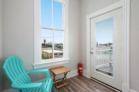 Upstairs patio with views of downtown Galveston