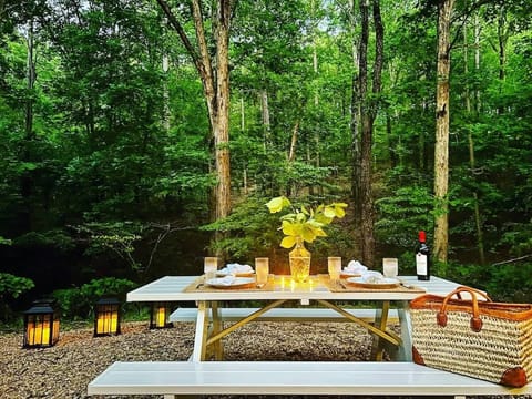 Glass Cabin: Outdoor dining table for six guests.
