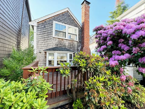 Exterior view of front deck and cottage.