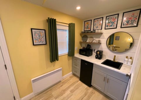 View of the kitchenette &  heater window overlooking the garden.