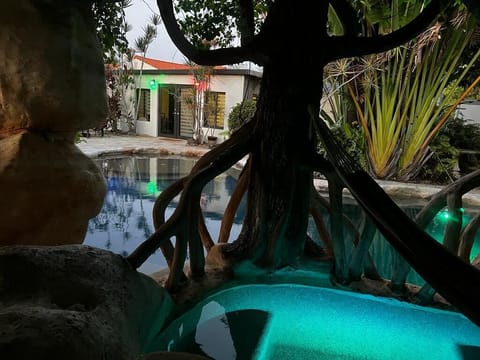 View to the cabana while sitting in the heated spa