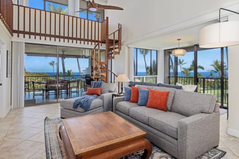 Living room panoramic daytime w/ 180° ocean view - Panoramic living room with nearly 180° ocean views — rare corner unit.