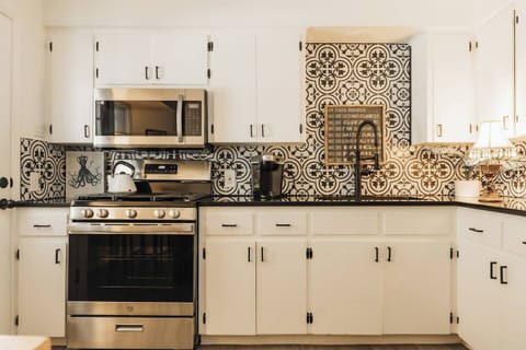 full kitchen with stove, microwave, frig for gourmet cooking