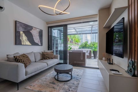 Modern and cozy living room with natural light