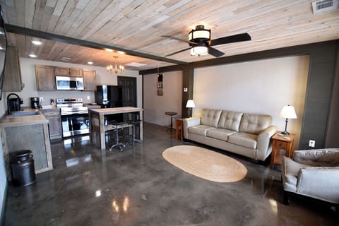 Spacious living area and kitchen.
