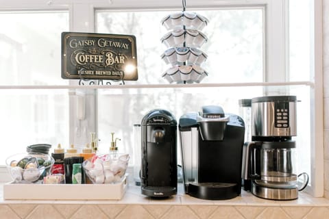 Start your day off on the right foot at the gourmet coffee bar, featuring a Ninja coffee pot, Keurig, and Nespresso and everything else you need for the perfect cup of coffee. 
