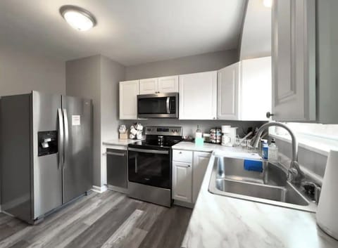 Our kitchen has marble countertops that are easy to clean.