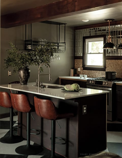 Full kitchen with mid size fridge/freezer, gas stove/oven, and kitchen island!