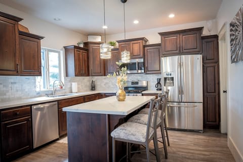The kitchen is always fully stocked to prep any meal. 