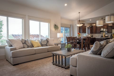 The living room is a comfy option to catch up with the group