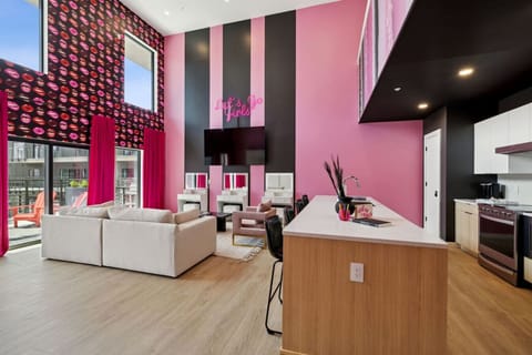 Bold, fun living space with a Smart TV—perfect for movie nights, streaming your favorites, or pregame vibes before hitting Broadway.