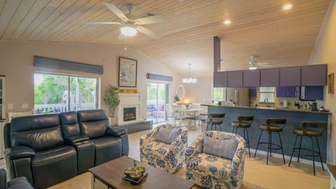 Open living, kitchen, dining area