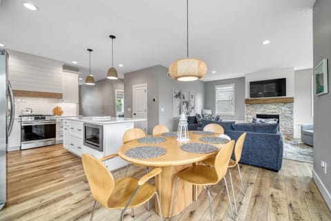 Dining room table extends if you need extra seating.