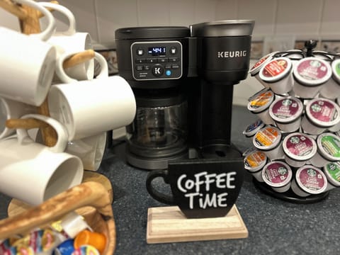 Coffee station with coffee, hot chocolate, tea