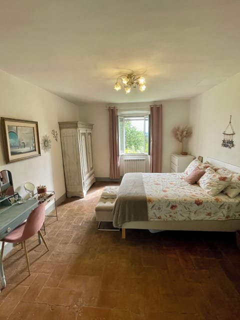 Upstairs bedroom includes 19th century dresser, queen bed, and dressing table.