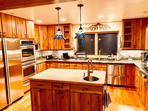 Kitchen island with bar sink and stainless appliances